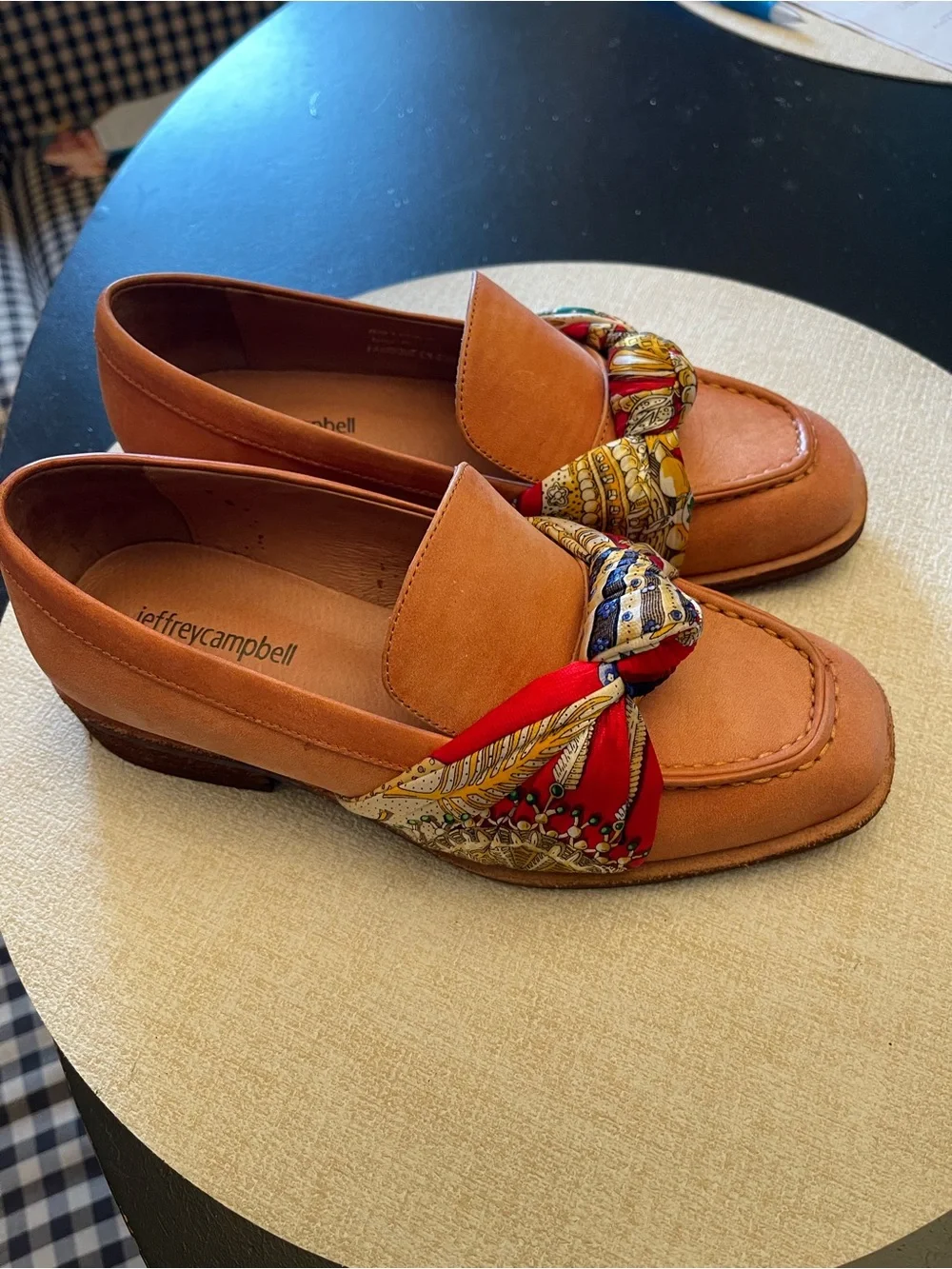 Jeffrey Campbell Tan Leather Loafers with Red Patterned Scarf Knot